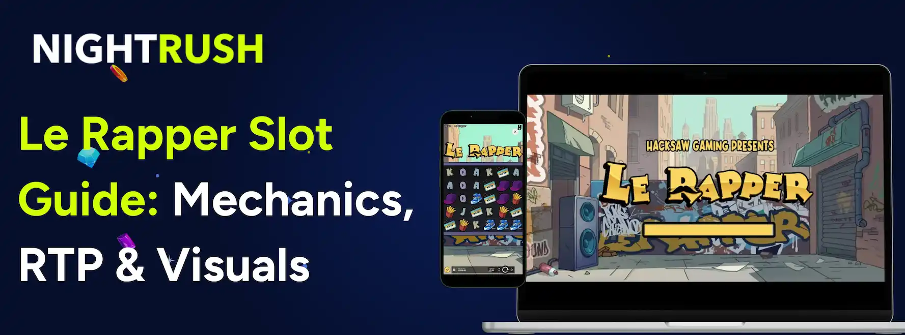 Le Rapper Slot Guide: Mechanics, RTP & Visuals text with the slot on a phone and laptop.