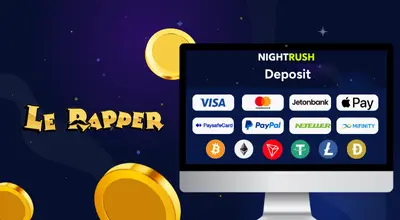 Deposit methods on a screen with three coins and the Le Rapper logo against a starry background.