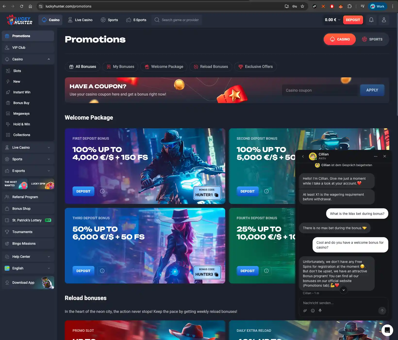 Lucky Hunter Casino bonus live chat