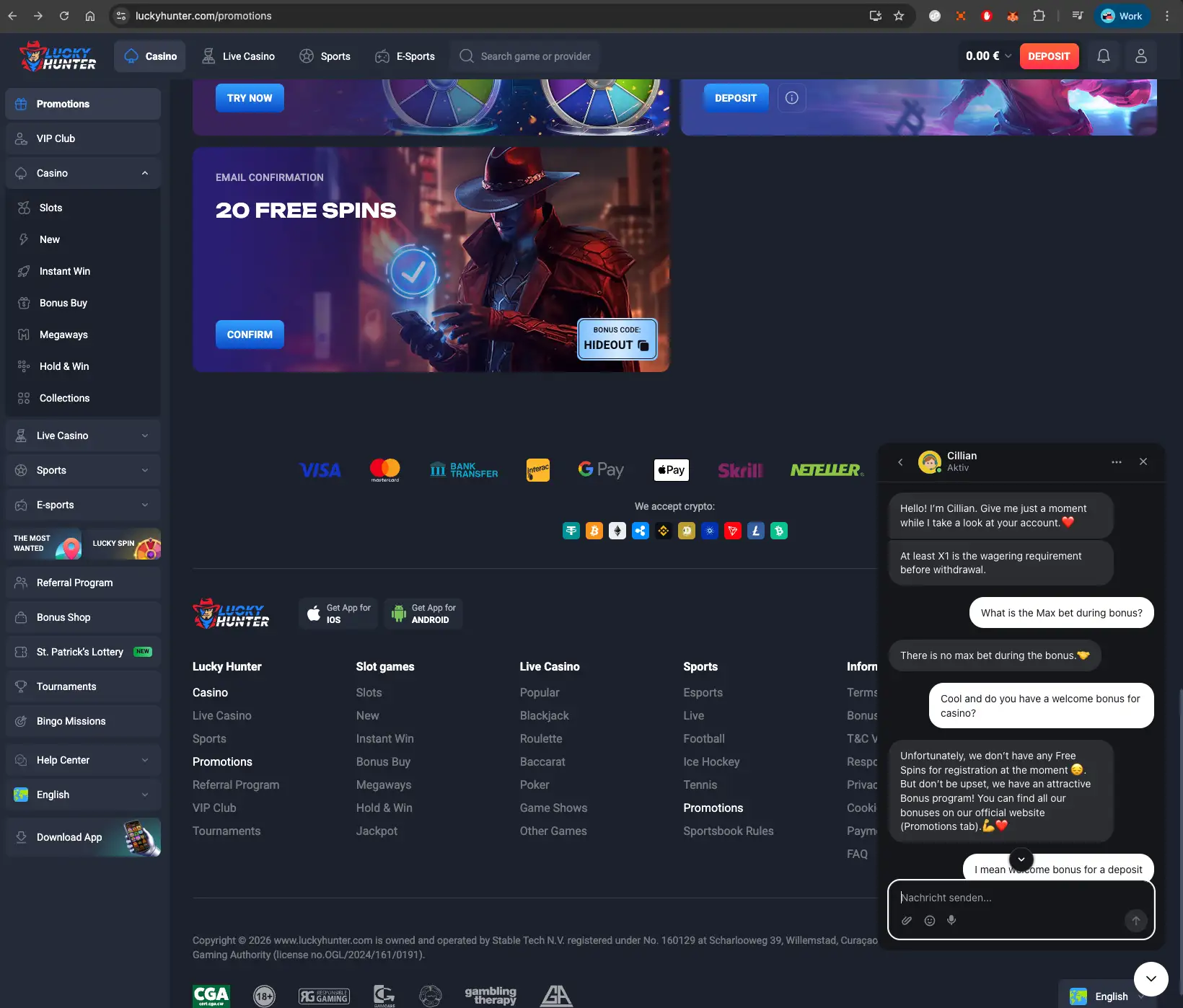 Lucky Hunter Casino chat bonus