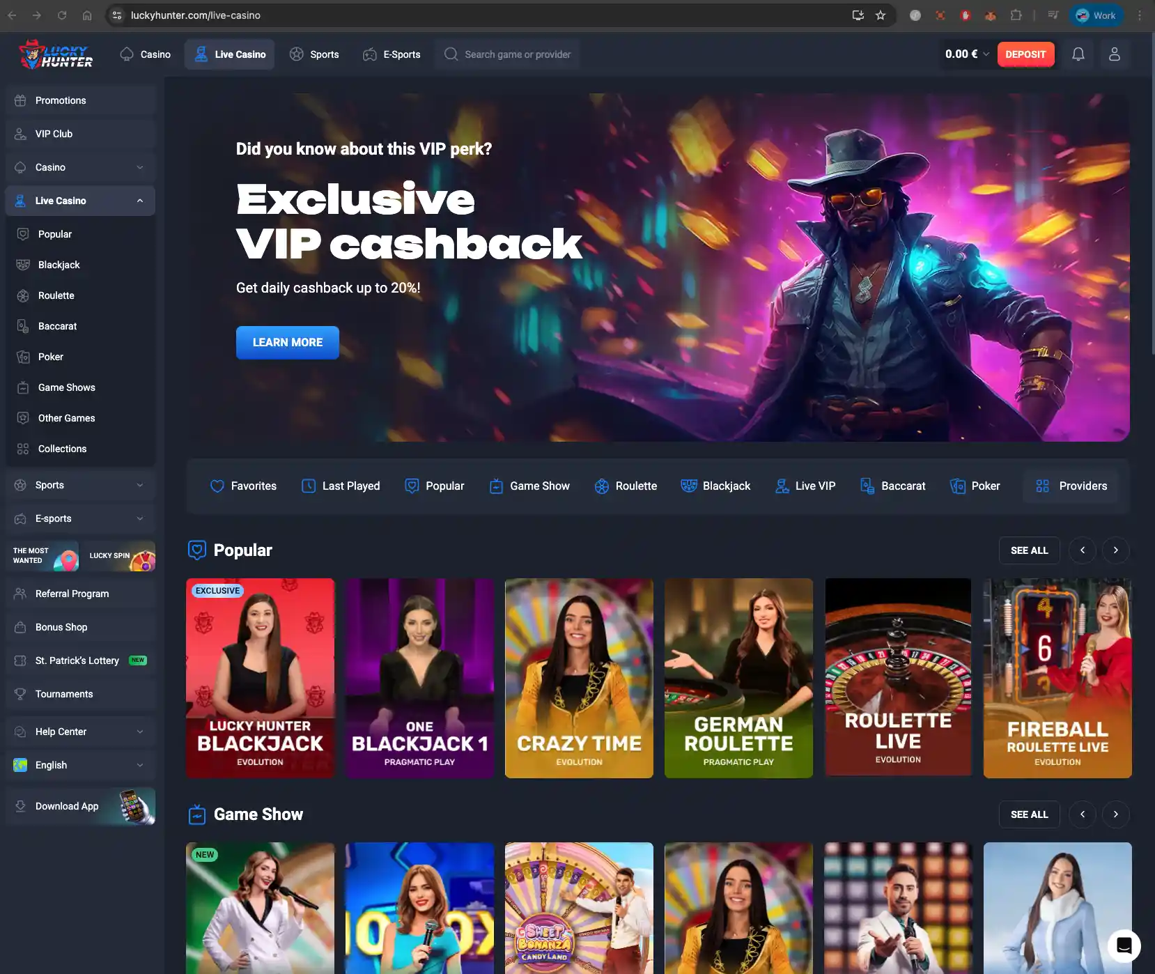 Lucky Hunter Casino homepage