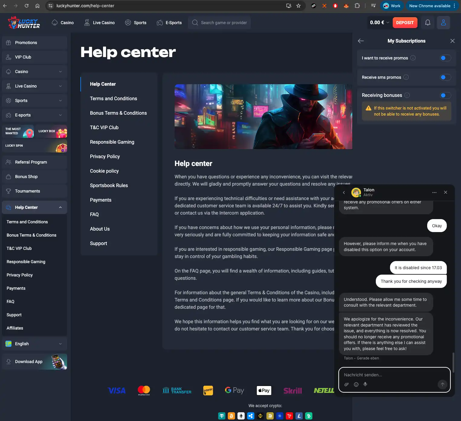 Lucky Hunter Casino live chat support