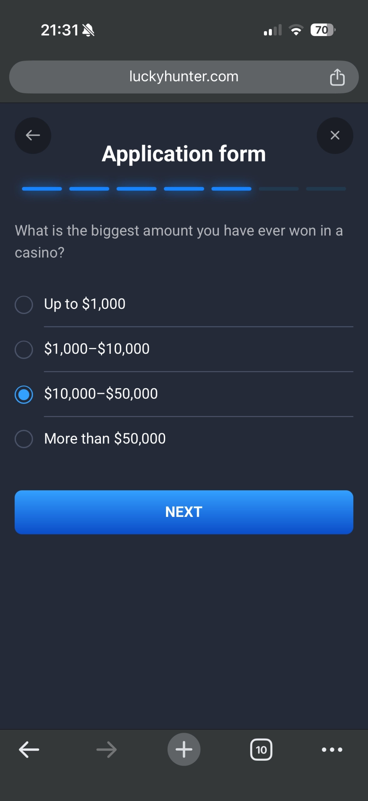 Lucky Hunter Casino mobile application form