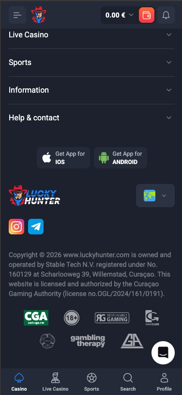 Lucky Hunter Casino mobile footer