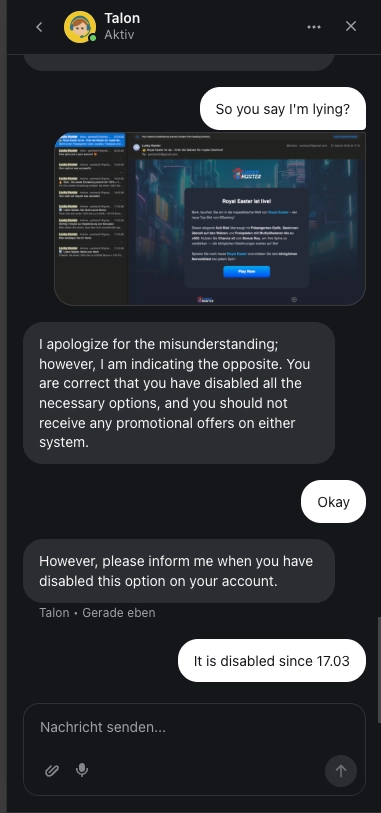 Lucky Hunter Casino notification live chat