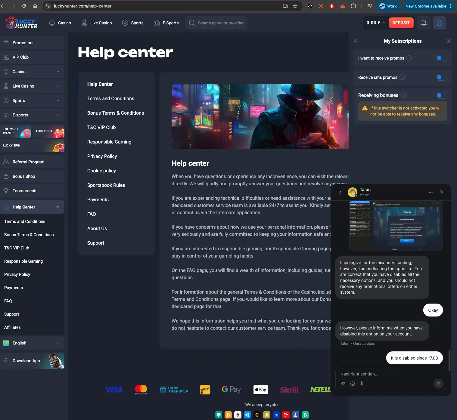 Lucky Hunter Casino notification chat