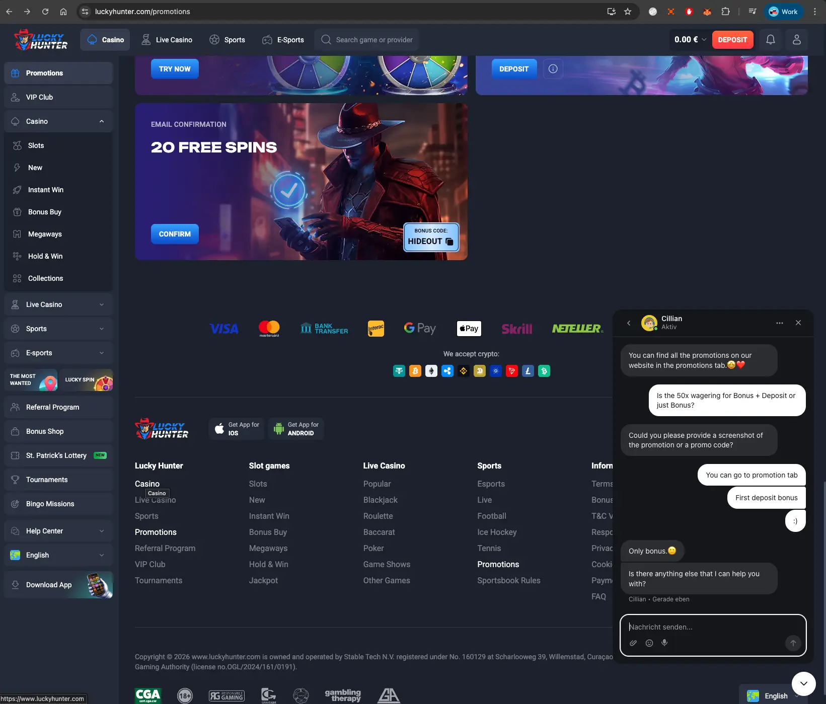 Lucky Hunter Casino wager chat support