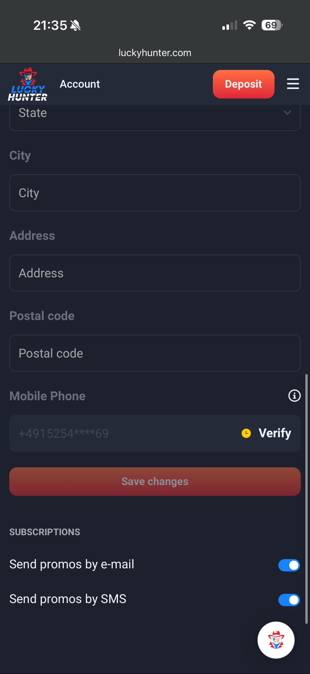 Lucky Hunter Casino account information