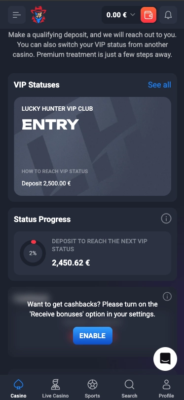 Lucky Hunter Casino VIP status