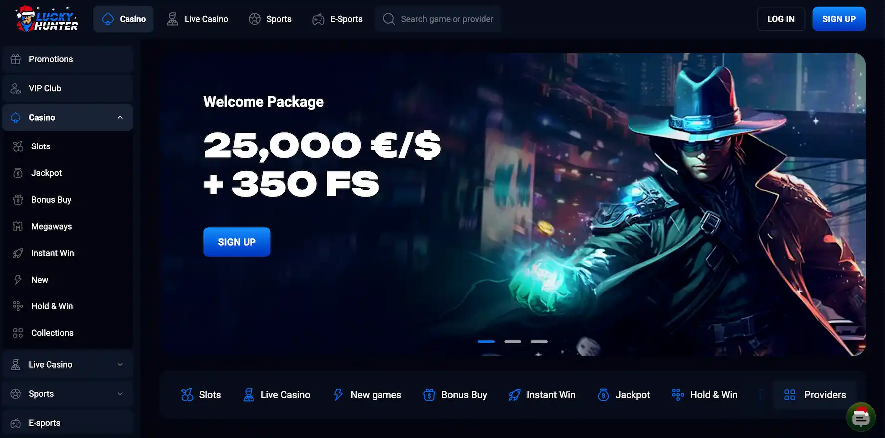 Lucky Hunter Casino homepage.