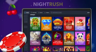Laptop screen showing various casino slot games next to a red chip and cherries.