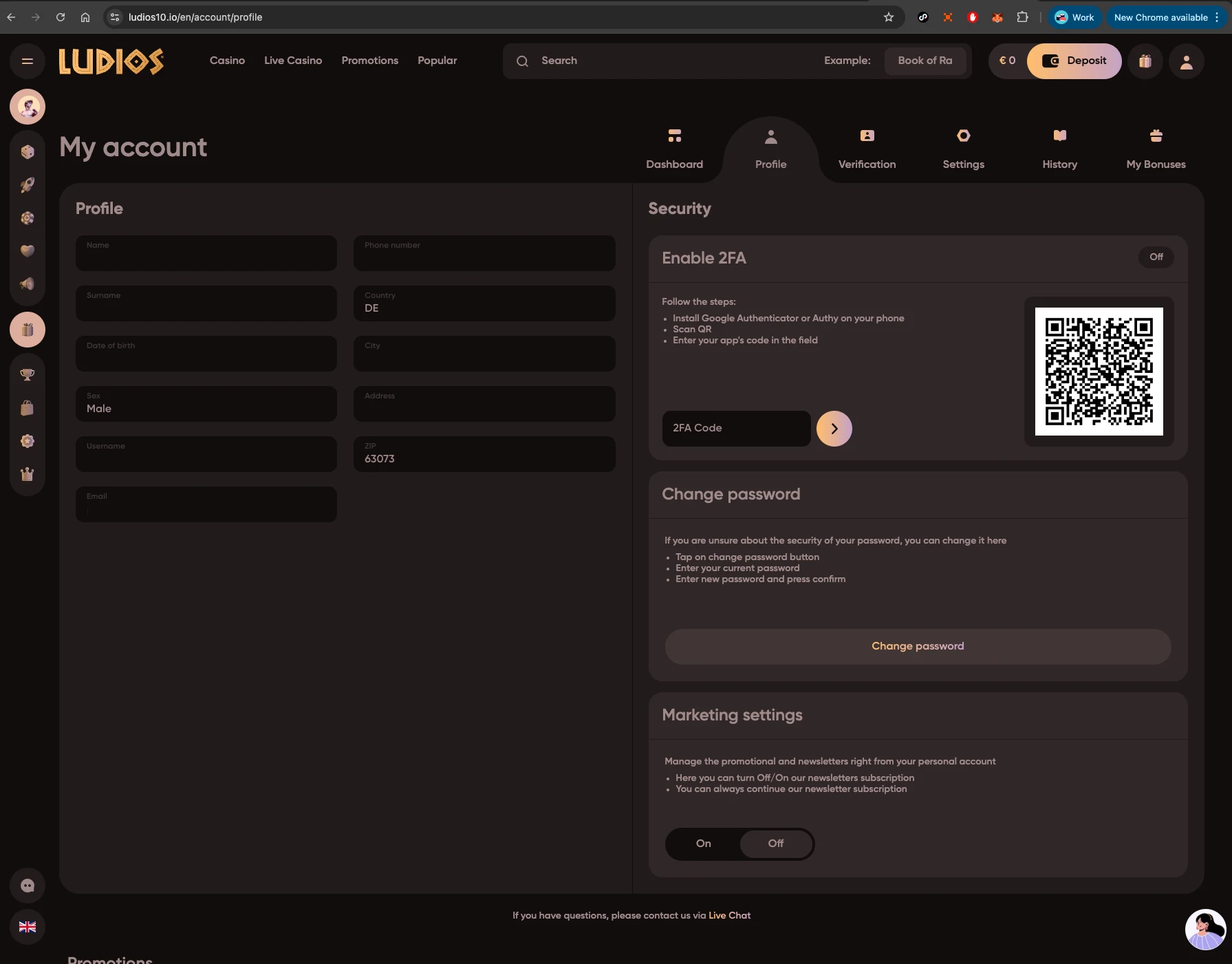 Ludios Casino account settings.