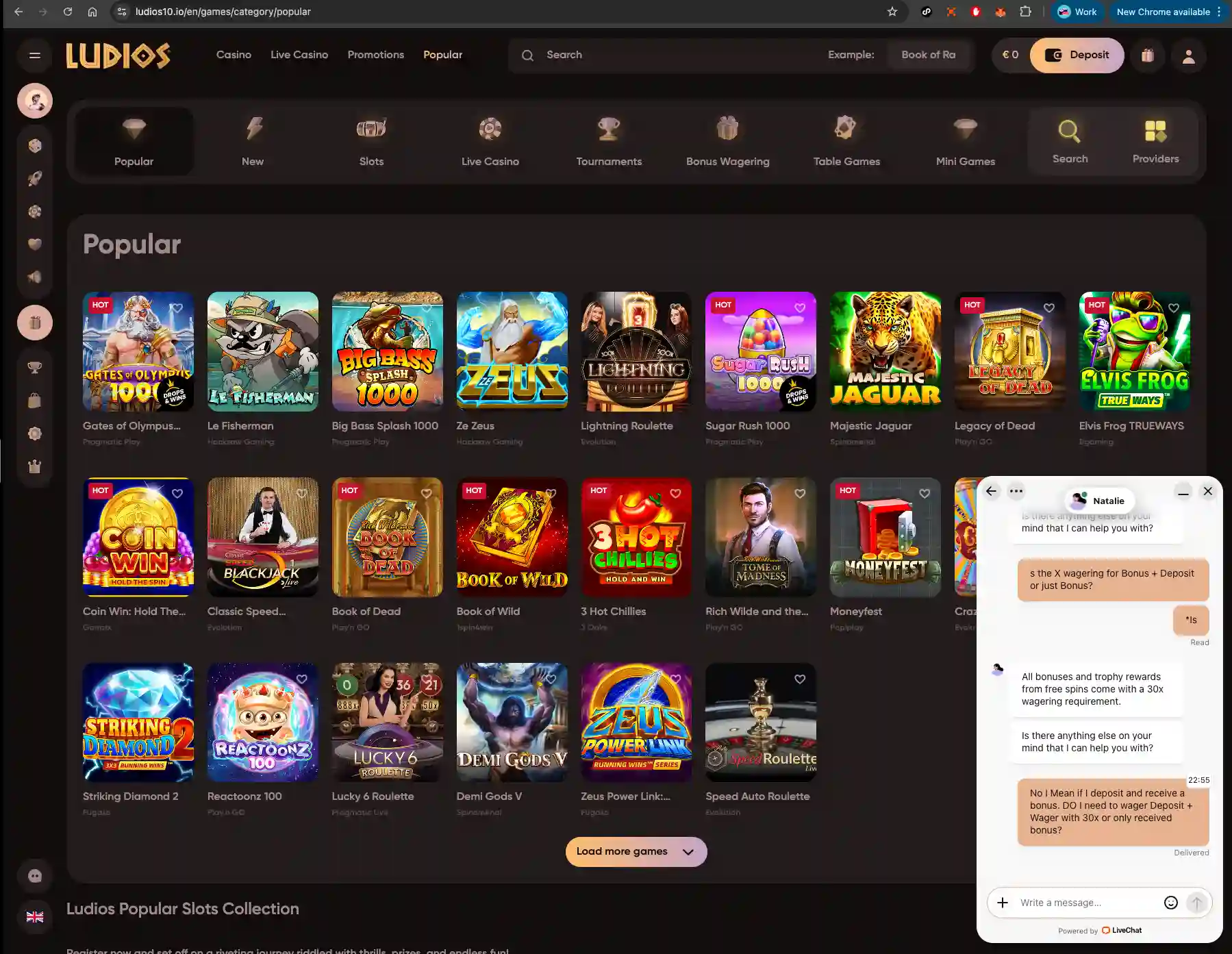 Ludios Casino Homepage and live chat.