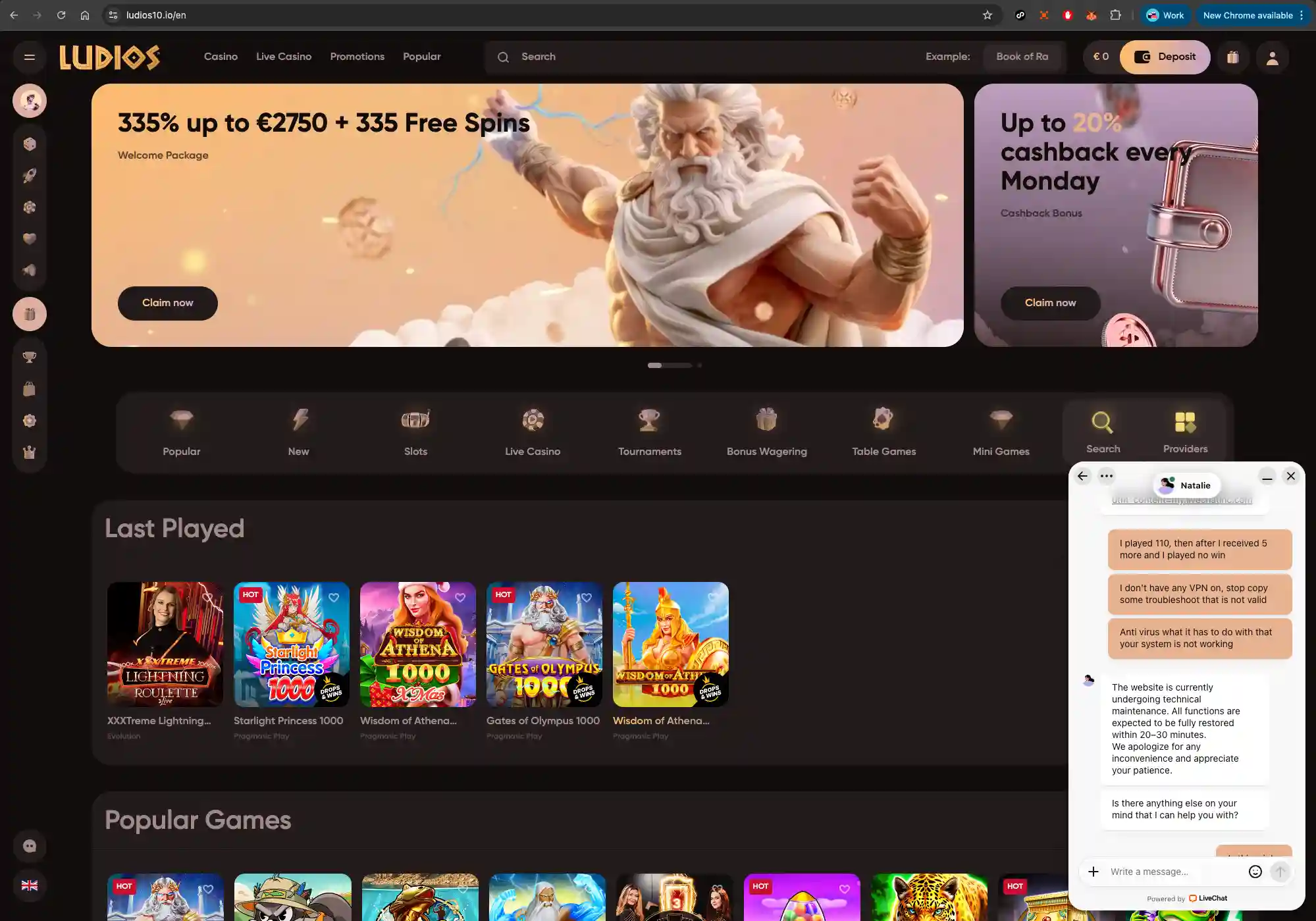 Ludios Casino Homepage and live chat.