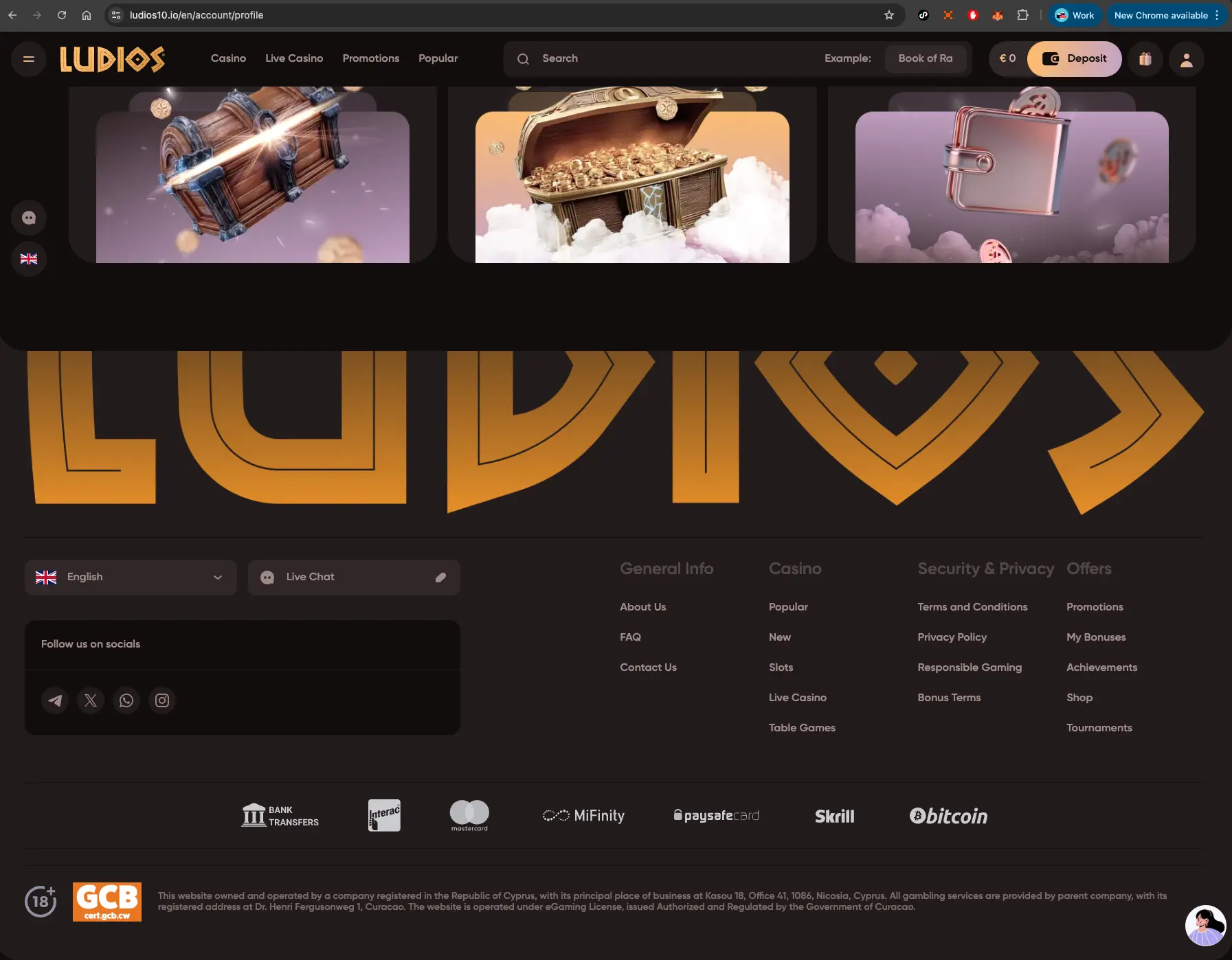 Ludios Casino Licence displayed on footer menu.