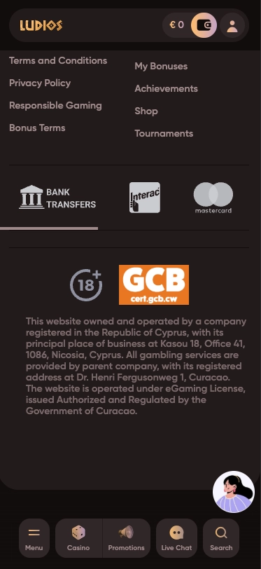 Ludios Casino Licence displayed on footer menu.