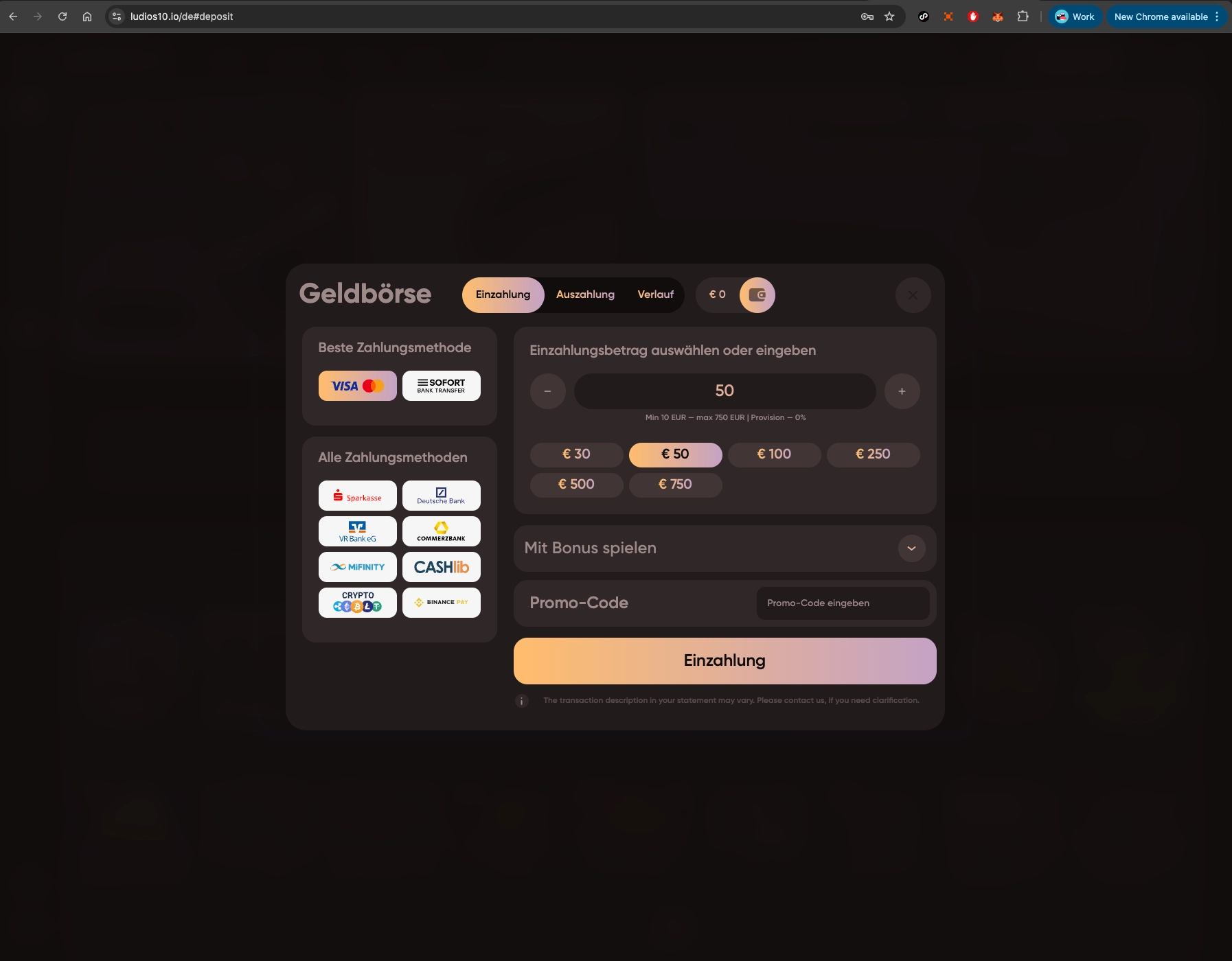 Ludios Casino deposit page on desktop.