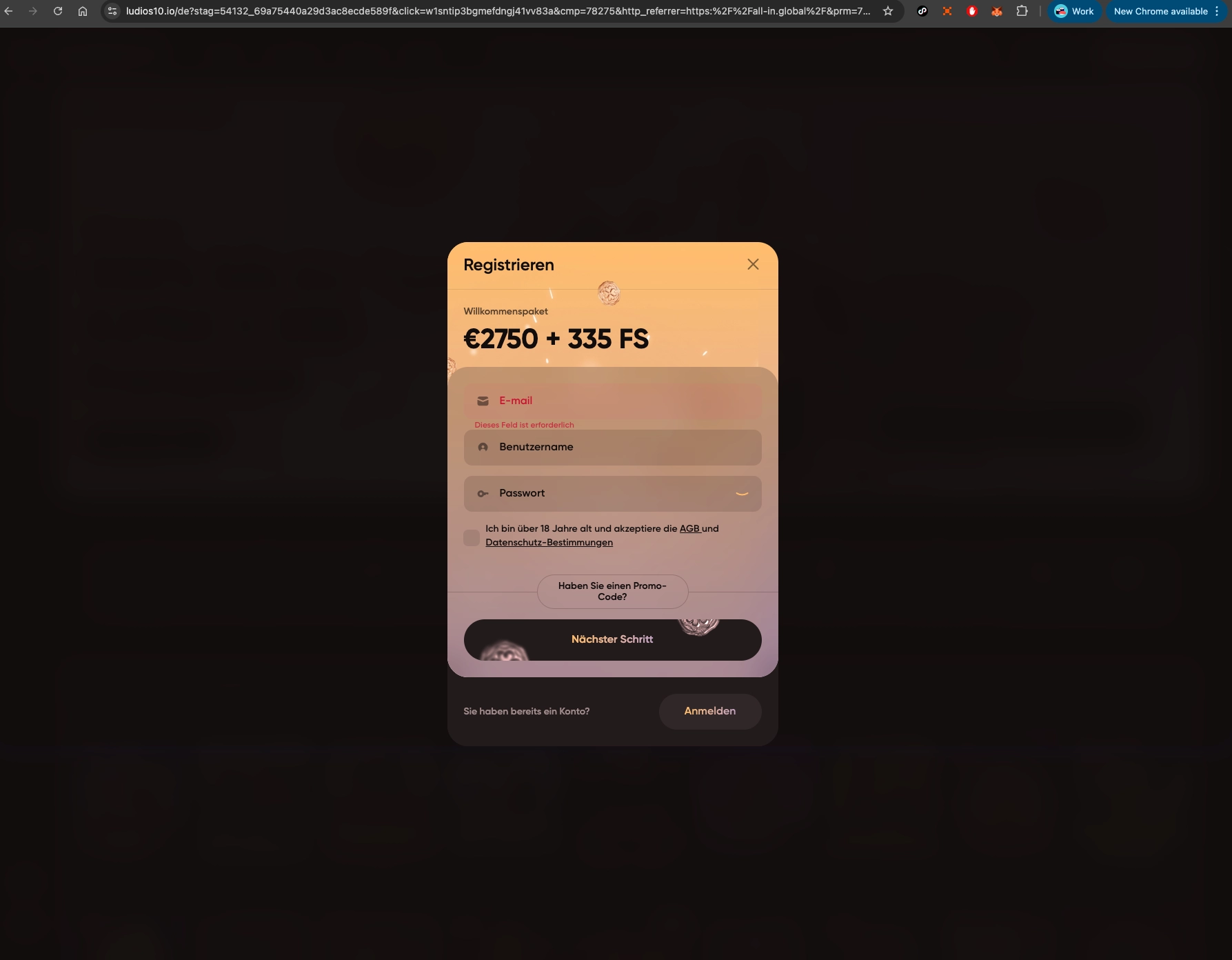 Ludios Casino Register screen.