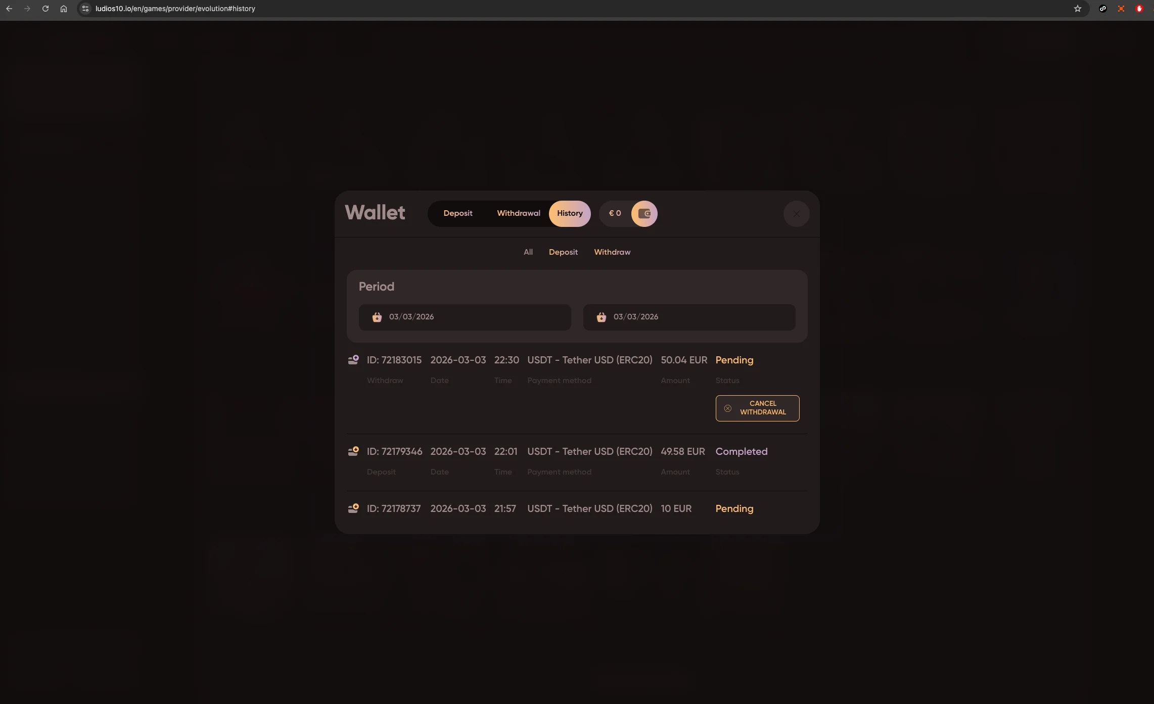 Ludios Casino wallet history.