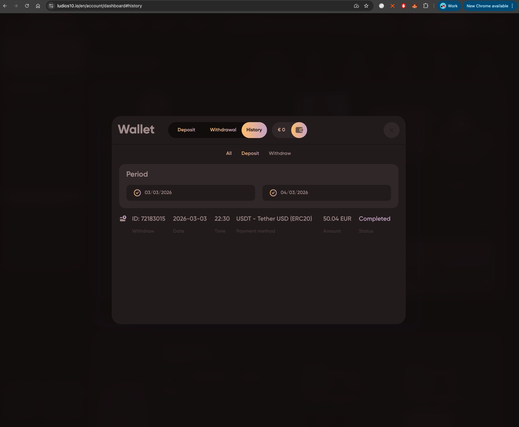 Ludios Casino wallet history.