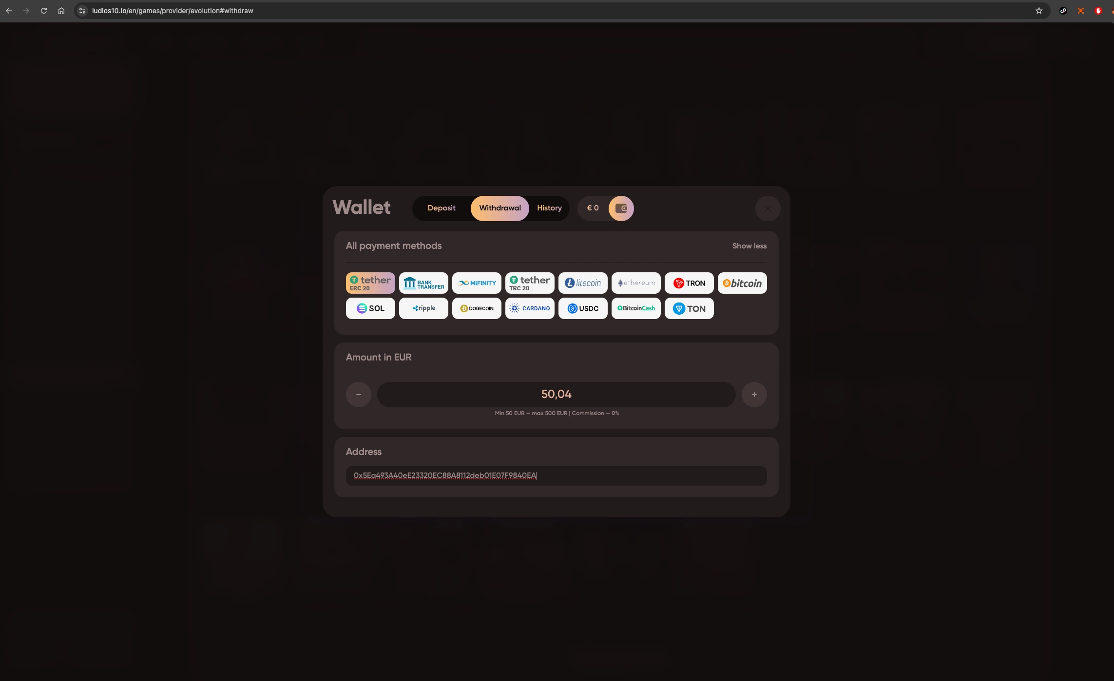 Ludios Casino withdrawal screen.