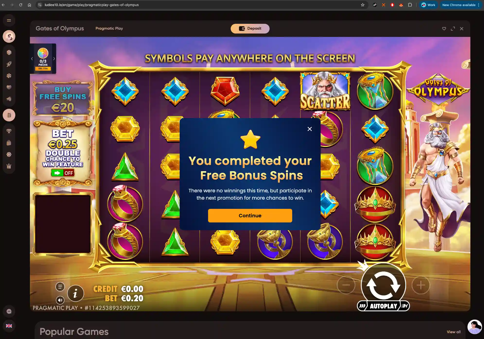 Ludios Free Spin bonus completed screen.