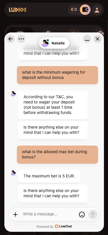 Ludios Casino Live Chat about bonuses.