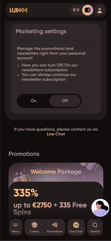 Ludios Casino marketing settings.