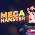 A cool cartoon hamster wearing sunglasses stands on a platform beside the Mega Hamster game logo.