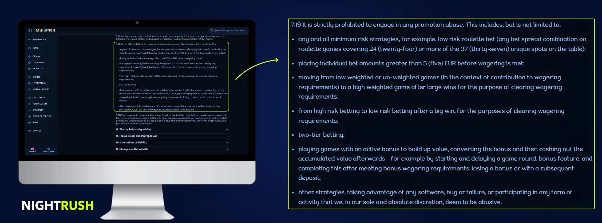 Monitor displaying the T&Cs page for Millioner. A callout box highlights section 7.19.