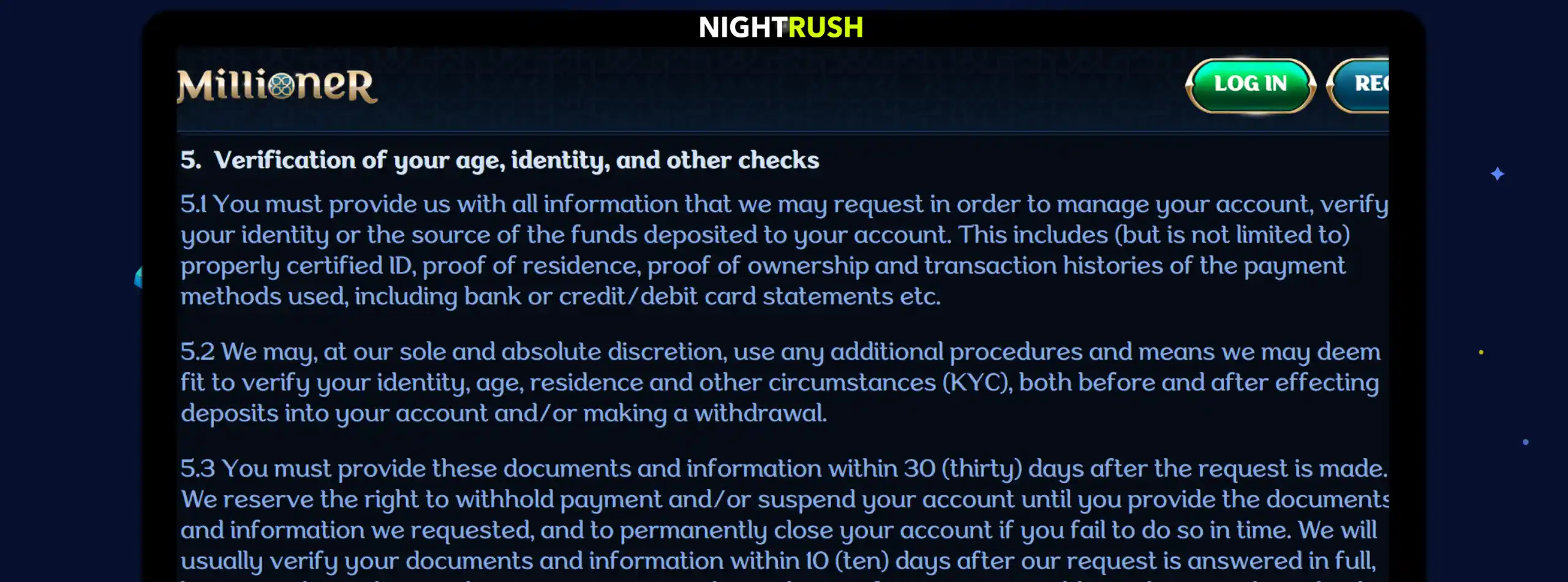 Monitor displaying the T&C page for Millioner, highlighting section 5.