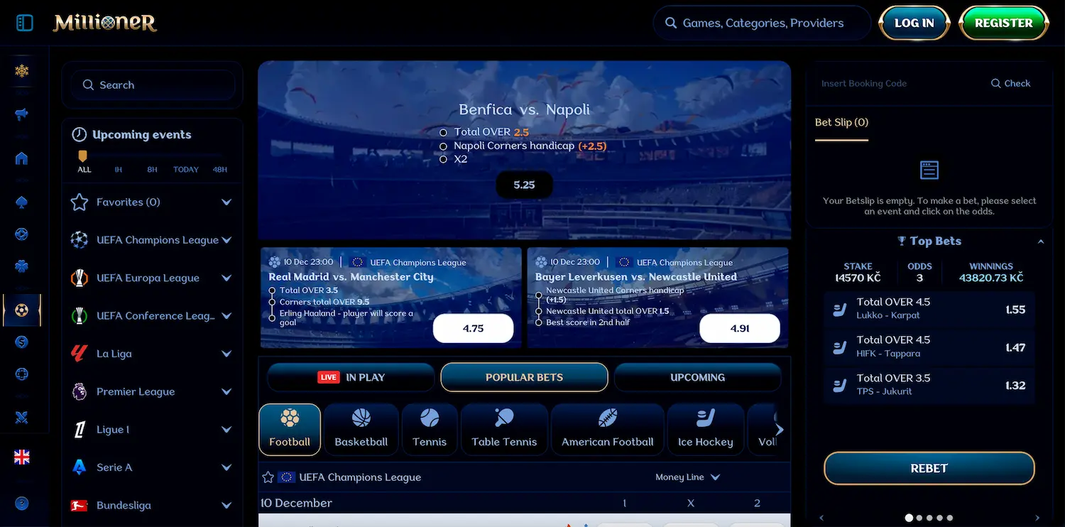 Millioner sportsbook dashboard with live football odds, upcoming matches, and betting slip