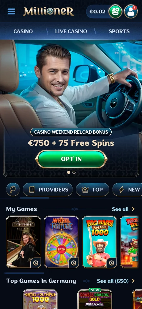 millioner casino homepage mobile screen