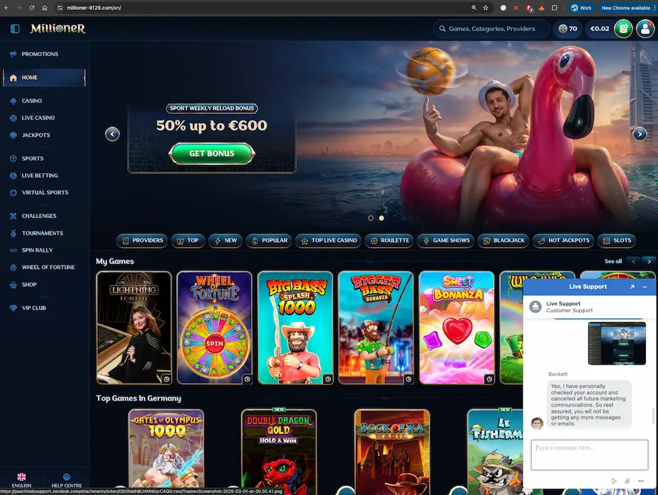 millioner casino desktop version live chat screen