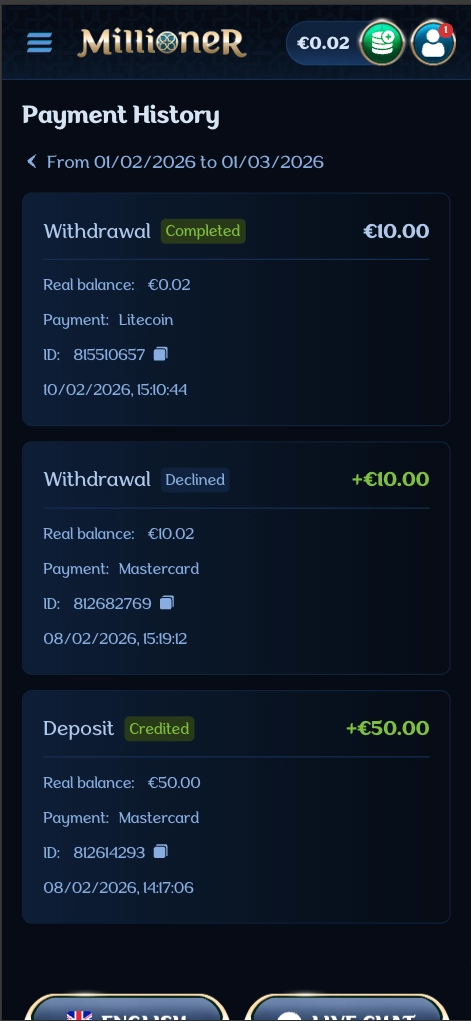 millioner casino mobile transaction history screen