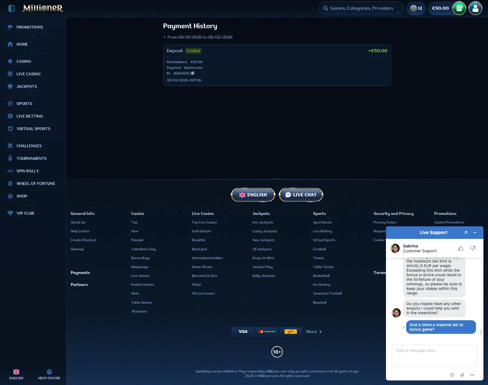 millioner casino desktop payment history