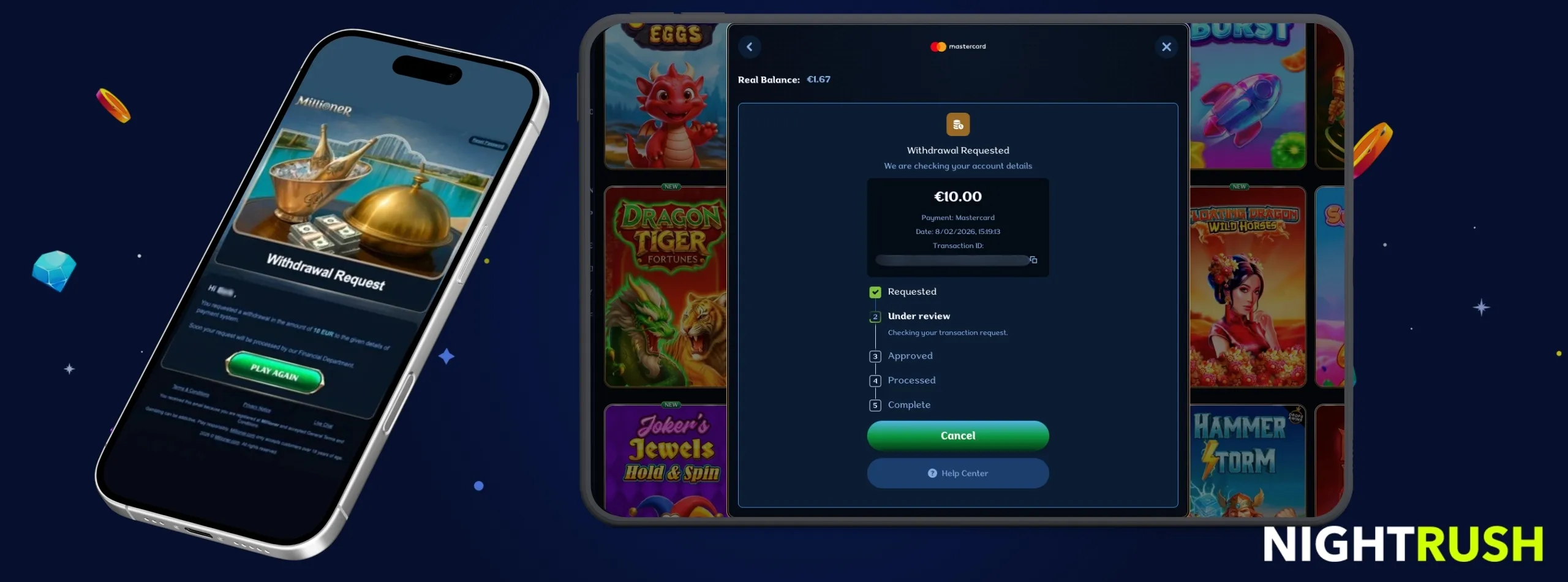 Millioner casino withdrawal interface on mobile and tablet showing withdrawal request, payment details, and slot games background