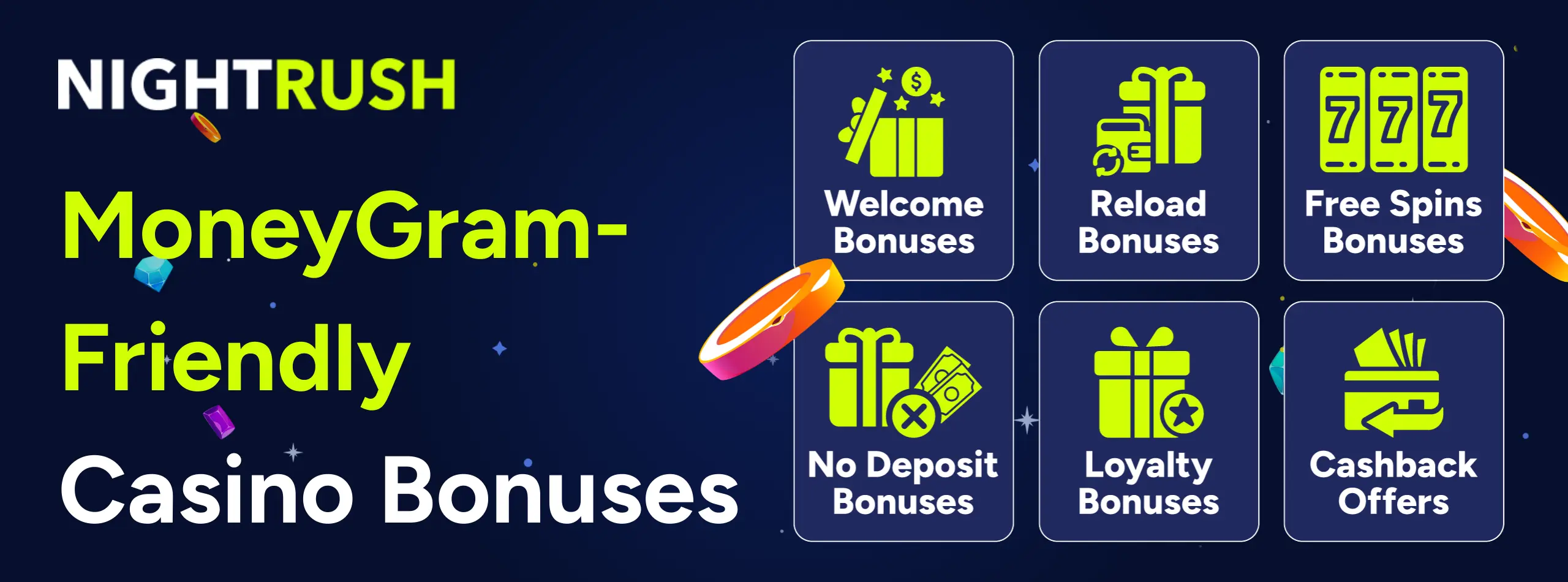 MoneyGram-Friendly Casino Bonuses text on blue background, casino bonus icons on the left.