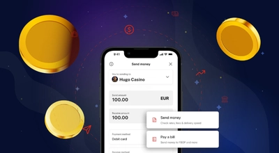 Phone showing MoneyGram app, depositing money to Hugo Casino, coins.