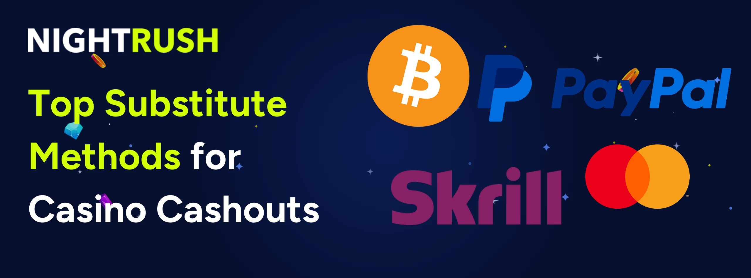 Top Substitute Methods for Casino Cashouts text on blue background, payment method logos.