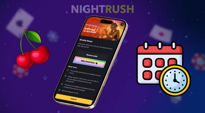 A smart phone showing a monthly casino bonus with a calendar.