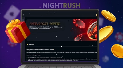 An online casino's first deposit bonus page with a gift box.