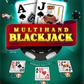 Playing cards and poker chips surround the Multihand Blackjack game logo on a green table.