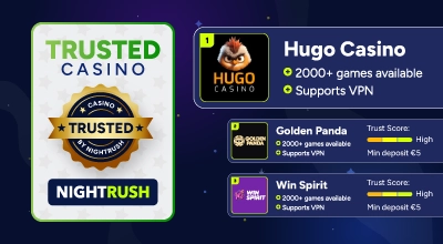 Top new casinos displayed, with a trusted badge from Nightrush.