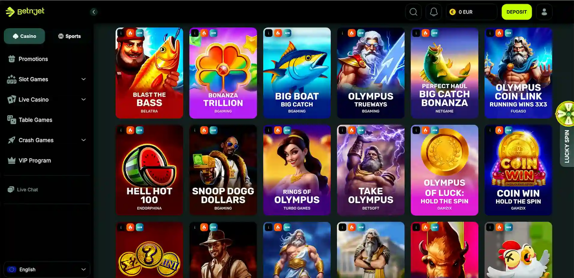 BetNjet Casino game selection.