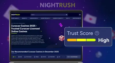 Laptop screen displaying a Curacao Casinos 2025 page with a High Trust Score rating.
