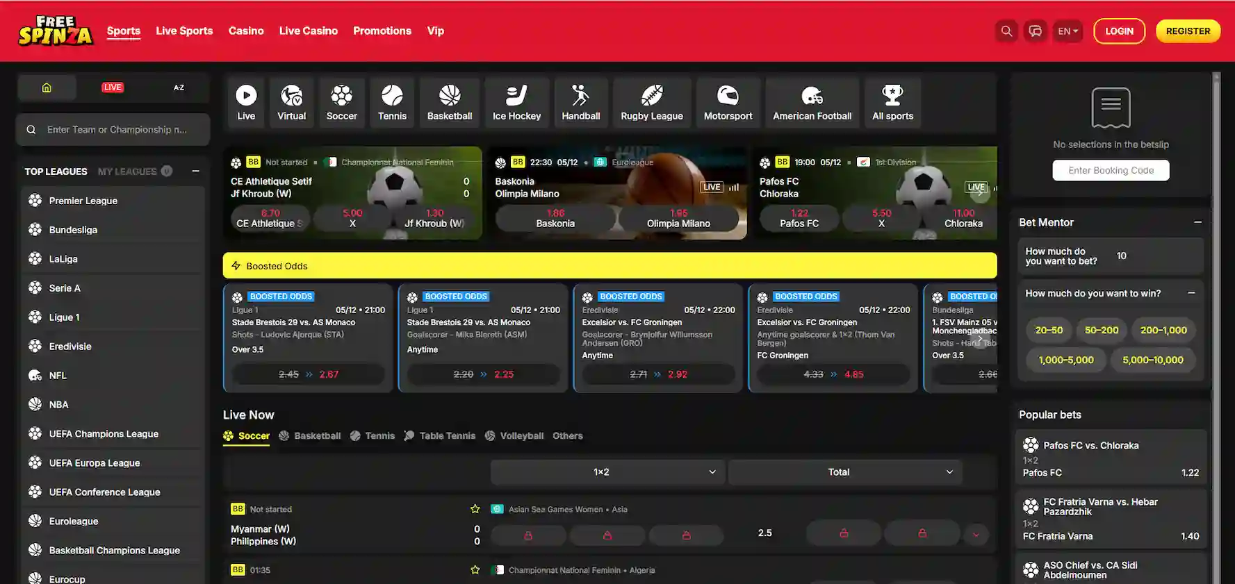 FreeSpinza's sportsbook with top leagues, sports, and bet settings against a black background.