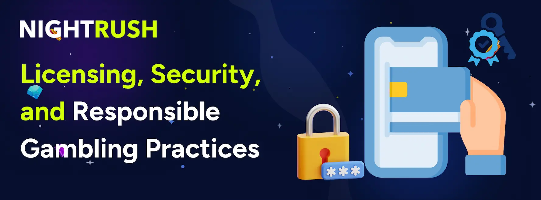 Text on blue background. Hand inserts bank card into smartphone, yellow padlock, security key icon.