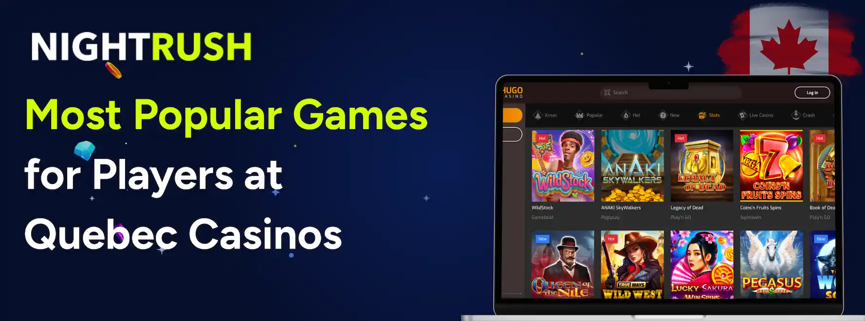 Banner showing popular casino slot games available to Quebec players.