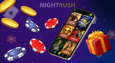 A mobile phone displaying various casino slot games next to a red gift box and floating gold coins.
